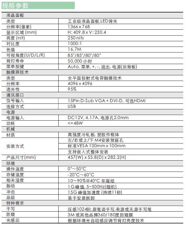 巨海坤18.5寸开放式显示器规格参数