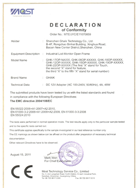 Ghaik technology Industrial Monitor and Open Frame Monitor passed CE cerfification.